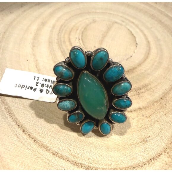Artisan Sterling Silver Turquoise Peridot Cluster statement Ring 11 Southwest 9 - Picture 3 of 11